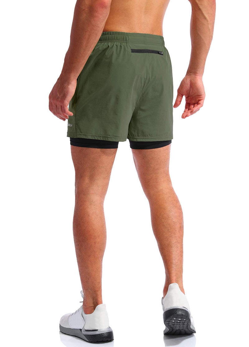 Pudolla Menâ€™s 2 in 1 Running Shorts 5" Quick Dry Gym Athletic Workout Shorts for Men with Phone Pockets(Dark Green Medium) - Image 4